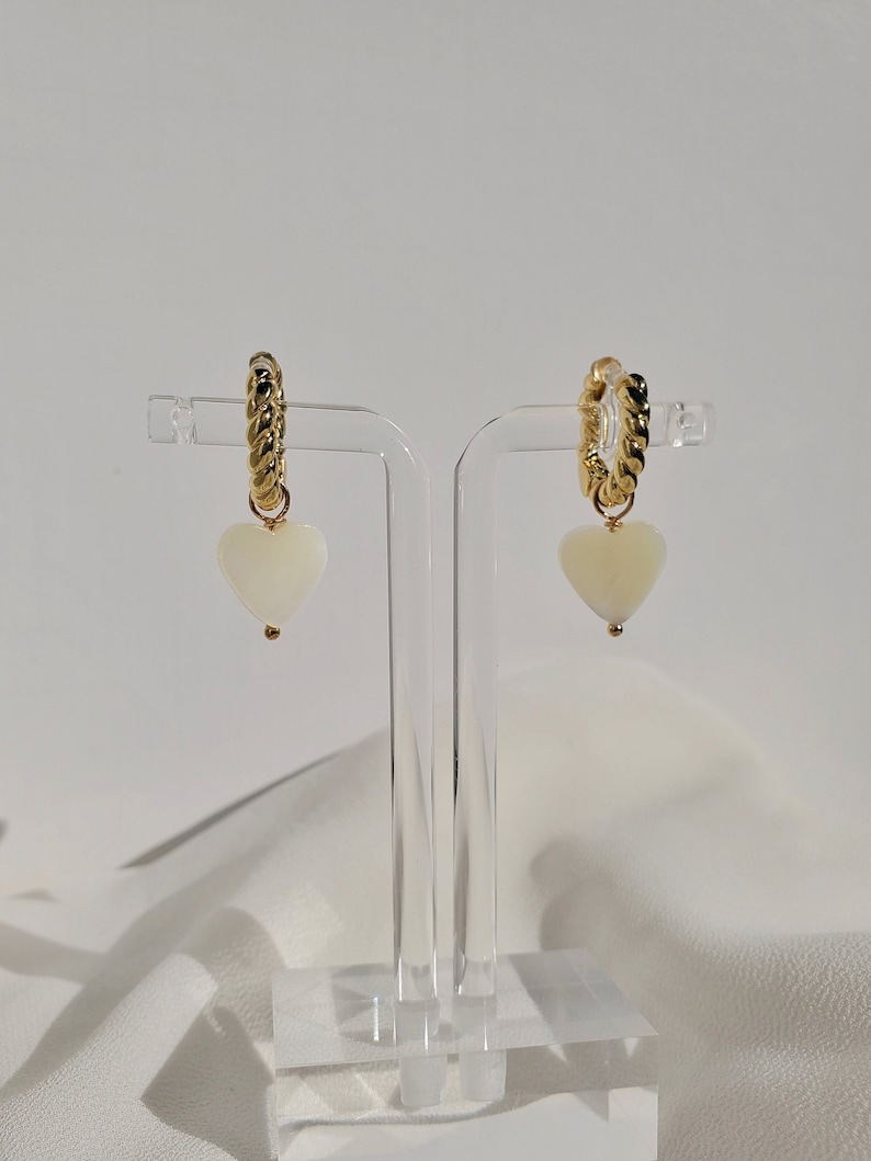 Clip on earrings, shell heart earrings, heart huggie earrings, mother of pearl huggies, dainty dangle earrings, nickel free, hypoallergenic image 3