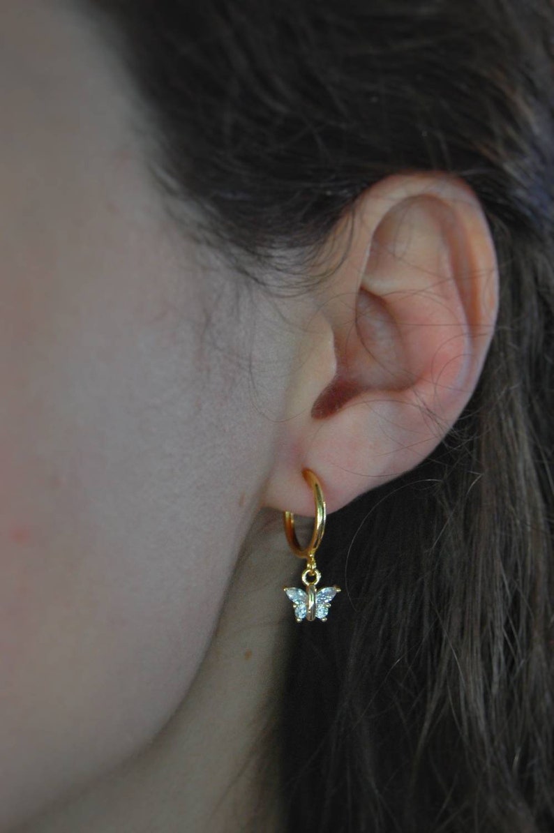 Clip on earrings, Butterfly huggie earrings, hypoallergenic, cubic zirconia dangle earring, diamond butterfly earring, dainty charm earrings image 2