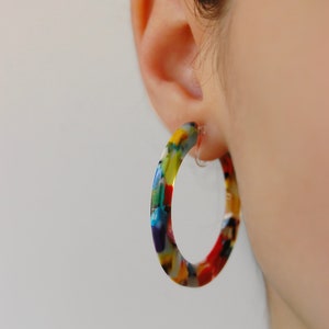 Clip on hoop earrings, colorful hoops, multicolor hoops, acrylic hoops, tortoise shell hoops, summer hoops, nickel free hoop, hypoallergenic image 2