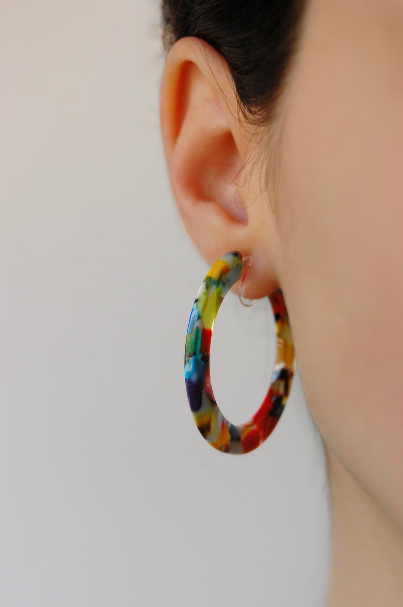 Clip on hoop earrings, colorful hoops, multicolor hoops, acrylic hoops, tortoise shell hoops, summer hoops, nickel free hoop, hypoallergenic image 2