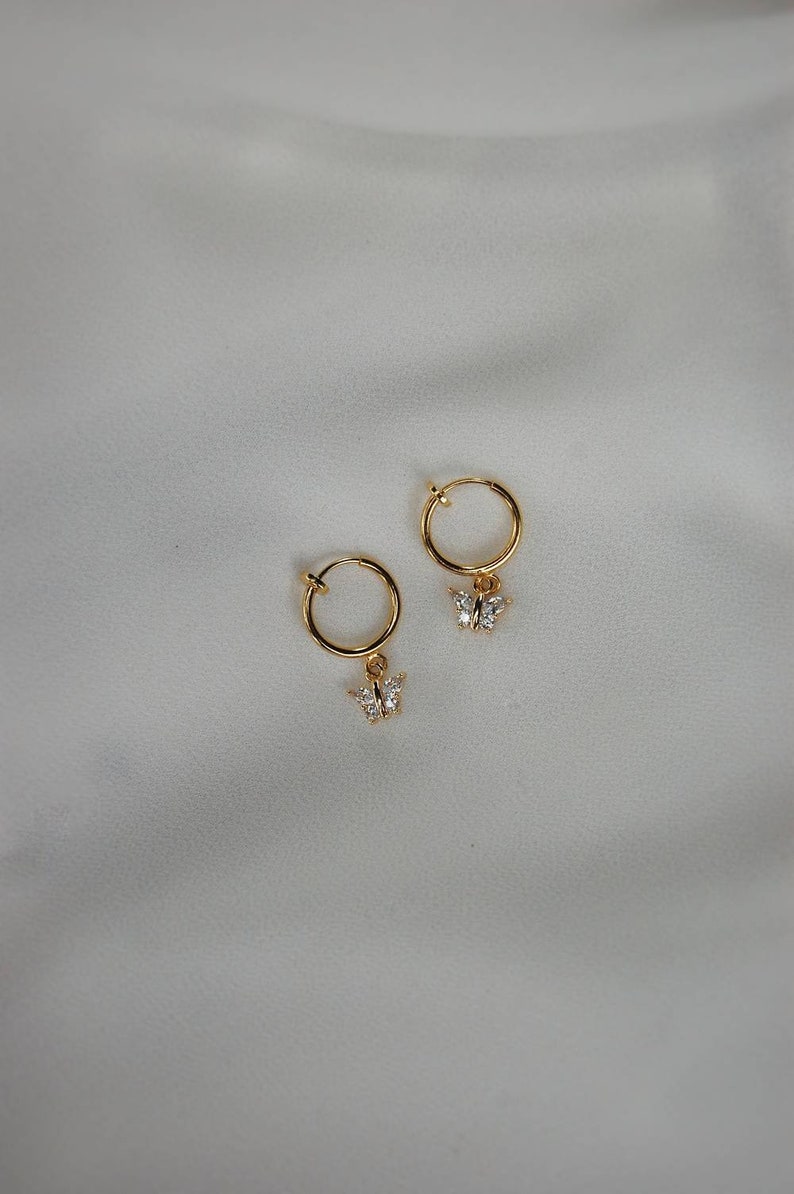 Clip on earrings, Butterfly huggie earrings, hypoallergenic, cubic zirconia dangle earring, diamond butterfly earring, dainty charm earrings image 1