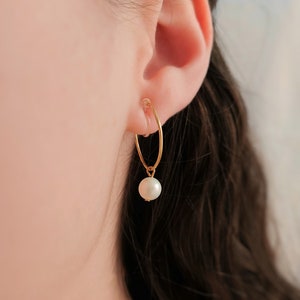 Clip on earrings, single pearl hoop earrings, dainty pearl hoop earrings, pearl dangle hoop earring, gold pearl hoop earring, hypoallergenic