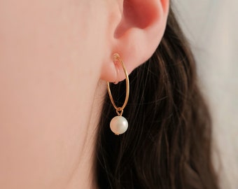 Clip on earrings, single pearl hoop earrings, dainty pearl hoop earrings, pearl dangle hoop earring, gold pearl hoop earring, hypoallergenic