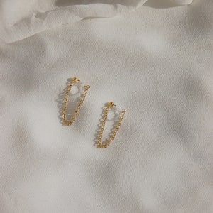 Clip on earrings, Chain loop earrings, hypoallergenic, double sided chain earrings, minimalist chain earrings, chain stud earrings, gold image 5