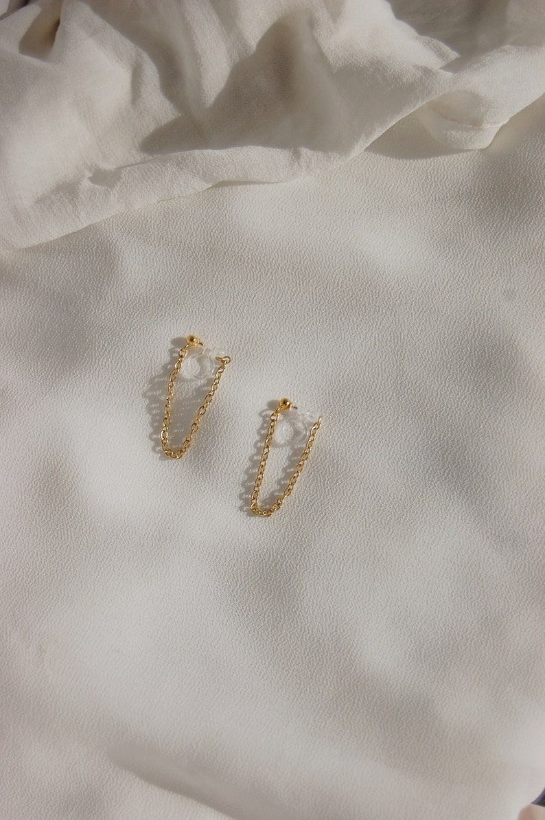 Clip on earrings, Chain loop earrings, hypoallergenic, double sided chain earrings, minimalist chain earrings, chain stud earrings, gold image 5