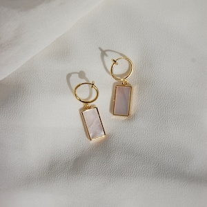 Clip on earrings, Gold pearl huggie earrings, hypoallergenic, pearl dangle earrings, dainty pearl earrings, rectangle pearl earrings, trendy