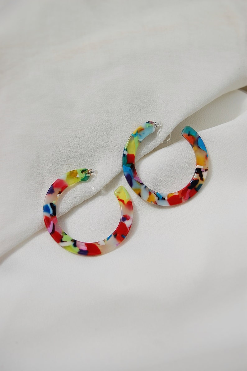 Clip on hoop earrings, colorful hoops, multicolor hoops, acrylic hoops, tortoise shell hoops, summer hoops, nickel free hoop, hypoallergenic image 4