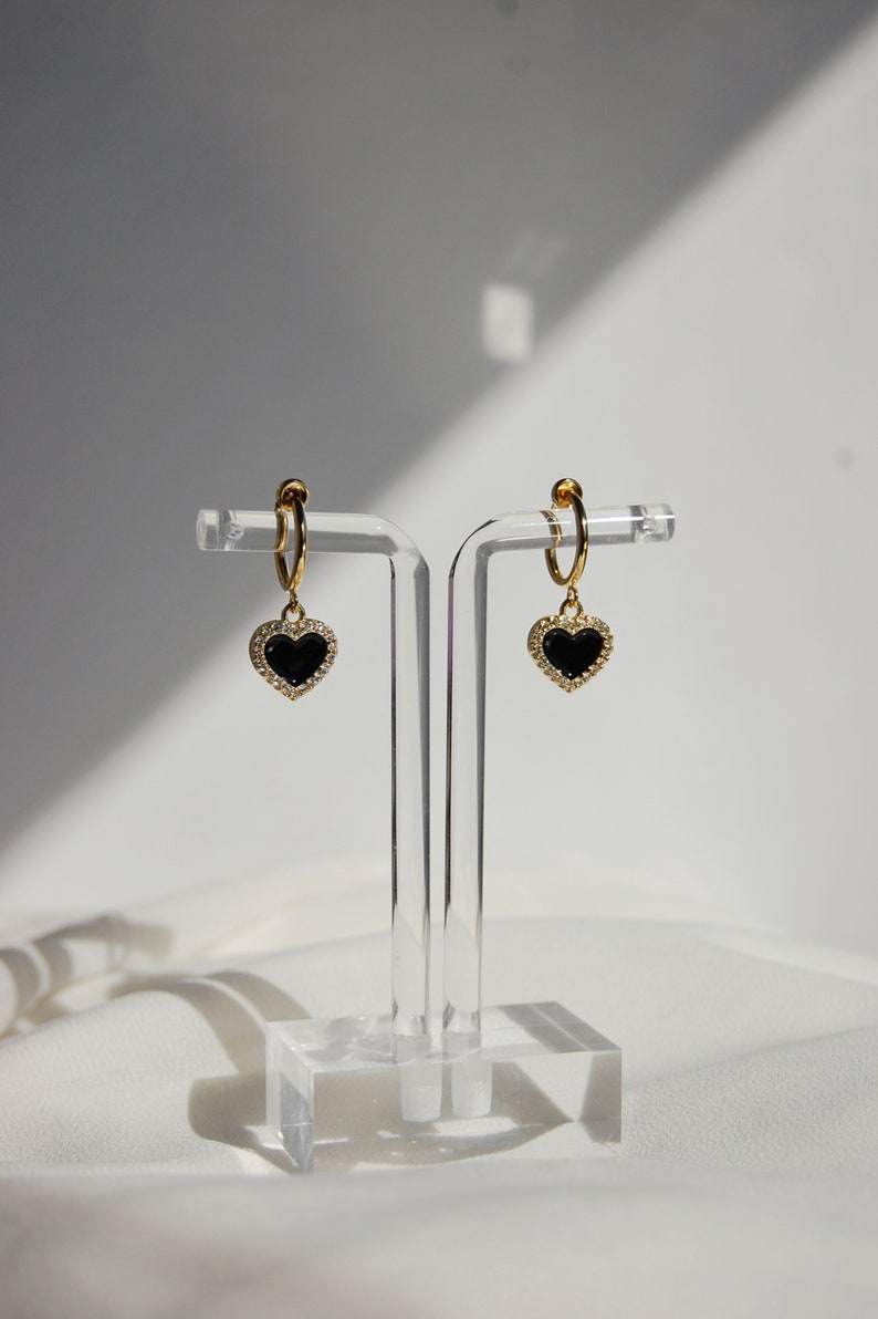 Clip on earrings, Black heart dangle earrings, hypoallergenic, nickel free, heart huggie earrings, heart charm earrings, crystal heart, gold image 3