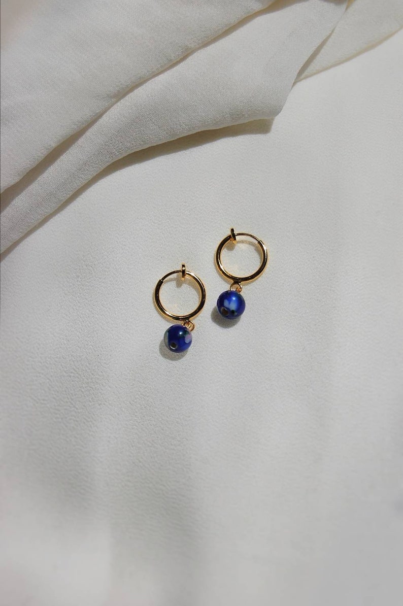 Clip on earrings, Blue bead earrings, dainty dangle earrings, hypoallergenic, nickel free, bead huggie earrings, stone dangle earrings, boho image 6
