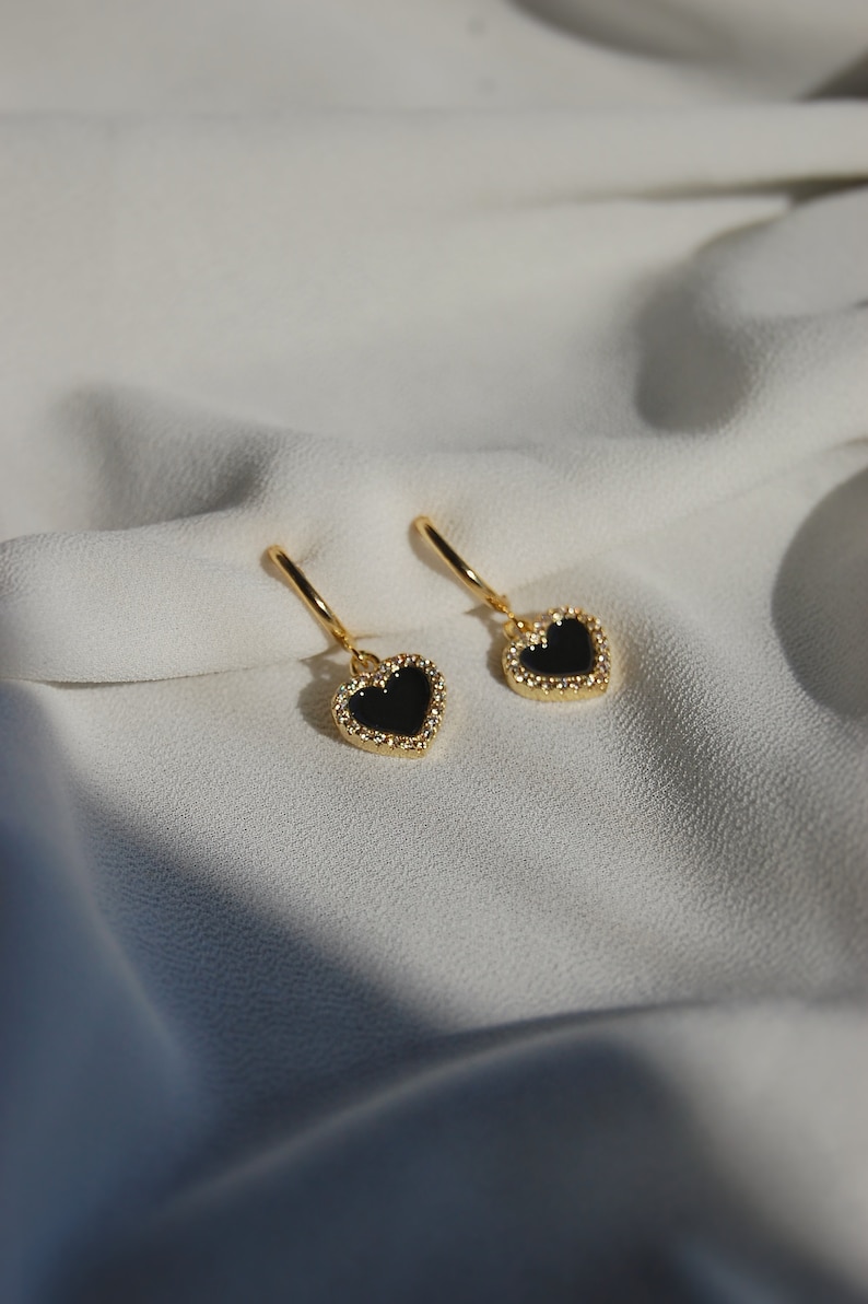 Clip on earrings, Black heart dangle earrings, hypoallergenic, nickel free, heart huggie earrings, heart charm earrings, crystal heart, gold image 4