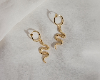 Clip on earrings, Gold snake dangle earrings, hypoallergenic, nickel free, snake huggie earrings, snake charm earrings, edgy earrings