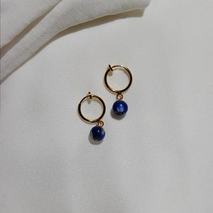 Clip on earrings, Blue bead earrings, dainty dangle earrings, hypoallergenic, nickel free, bead huggie earrings, stone dangle earrings, boho image 1