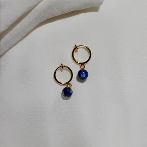 Clip on Huggie Earrings with Charm, Dark Blue Glass Bead Hoop Earrings, Dainty Boho Drop Hoop Earrings, Small Dangle Hoops, Gold or Silver