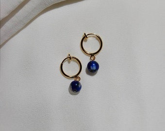 Clip on earrings, Blue bead earrings, dainty dangle earrings, hypoallergenic, nickel free, bead huggie earrings, stone dangle earrings, boho