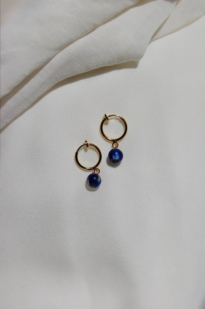 Clip on earrings, Blue bead earrings, dainty dangle earrings, hypoallergenic, nickel free, bead huggie earrings, stone dangle earrings, boho image 1