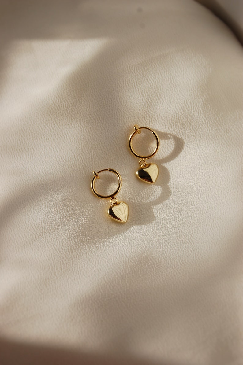 Clip on earrings, Gold heart huggie earrings, hypoallergenic, nickel free, puffy heart earrings, heart dangle earrings, dainty heart earring image 5