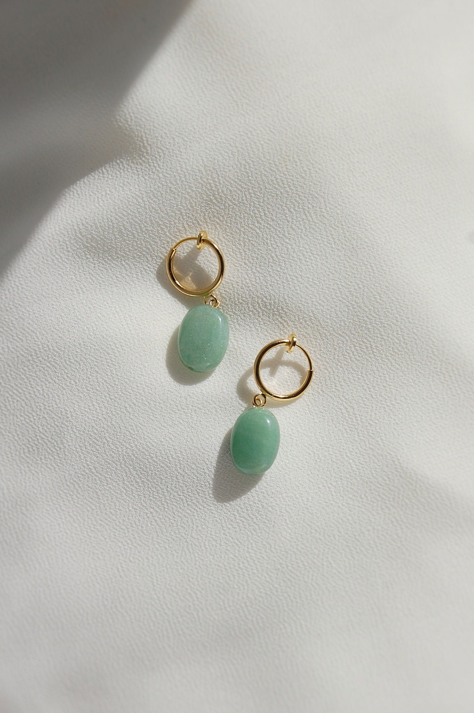 Clip on earrings, Aventurine earrings dangle, hypoallergenic, green jade dangle earrings, stone huggie earrings, jade huggie earrings, boho