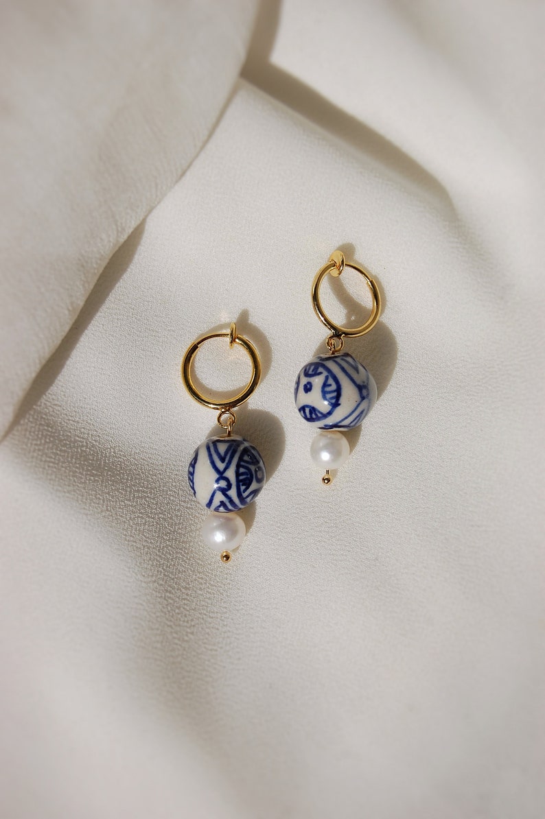 Clip on earrings, porcelain and pearl earrings, porcelain hoop earrings, blue and pearl earrings, pearl huggies, hypoallergenic, nickel free image 3