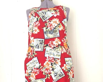 Claiborne Islander Dress. Sleeveless Hibiscus Flower print. Vintage 1980s