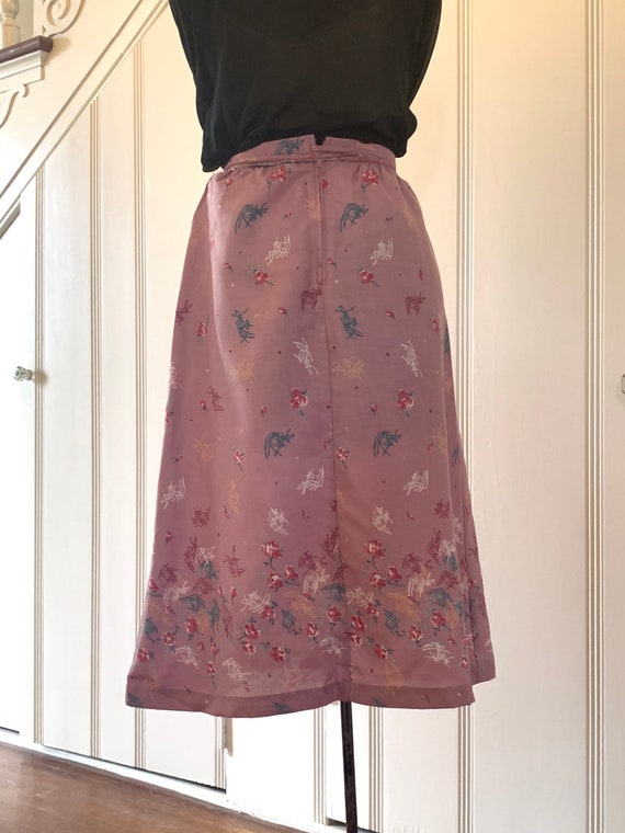 1970s Tie Skirt. Oriental and Rose Print. Dusty P… - image 3