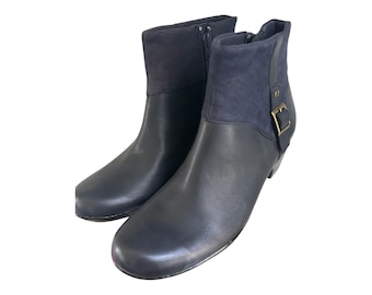Clark's Navy Leather Ankle Boots: Suede Detail, Buckle Accent, Size 8M