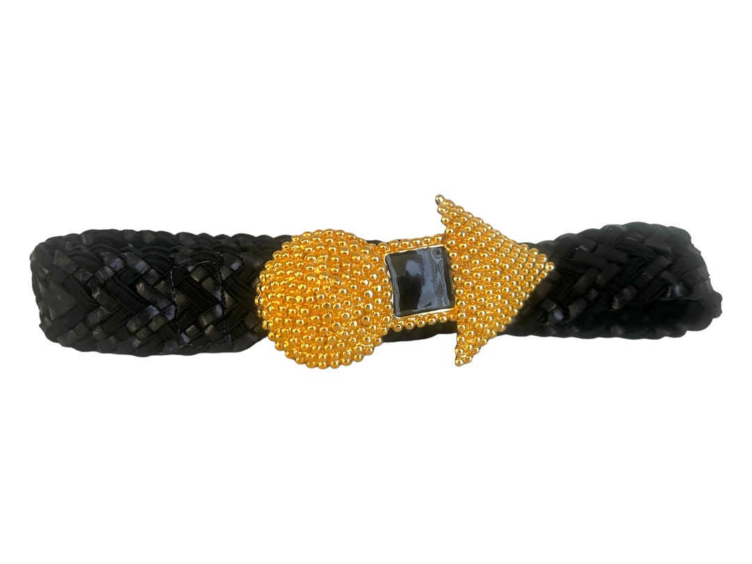 80s Gold Arrow IB Diffusion Belt. Black Woven Leather 