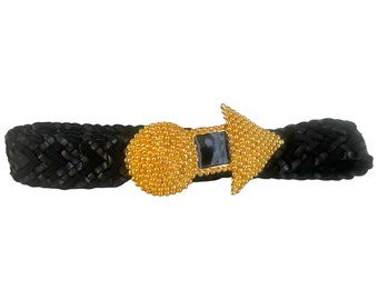 80s Gold Arrow IB Diffusion Belt. Black Woven Leather. Designer Vintage.