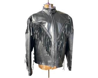 Blouson moto en cuir. Noir à franges vintage des années 1980. Doublure matelassée amovible. Taille TG