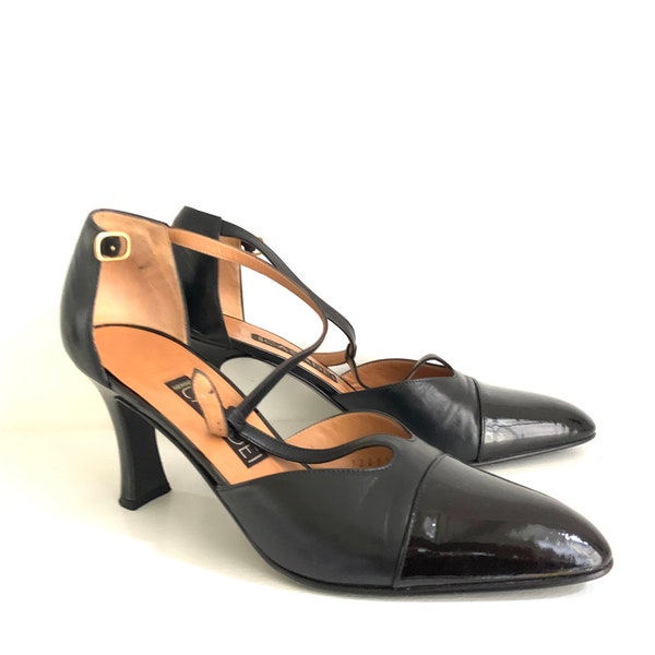 Casadei T-Strap Heels. Black And Patent Leather with side buckle. Made in Italy. Size 8