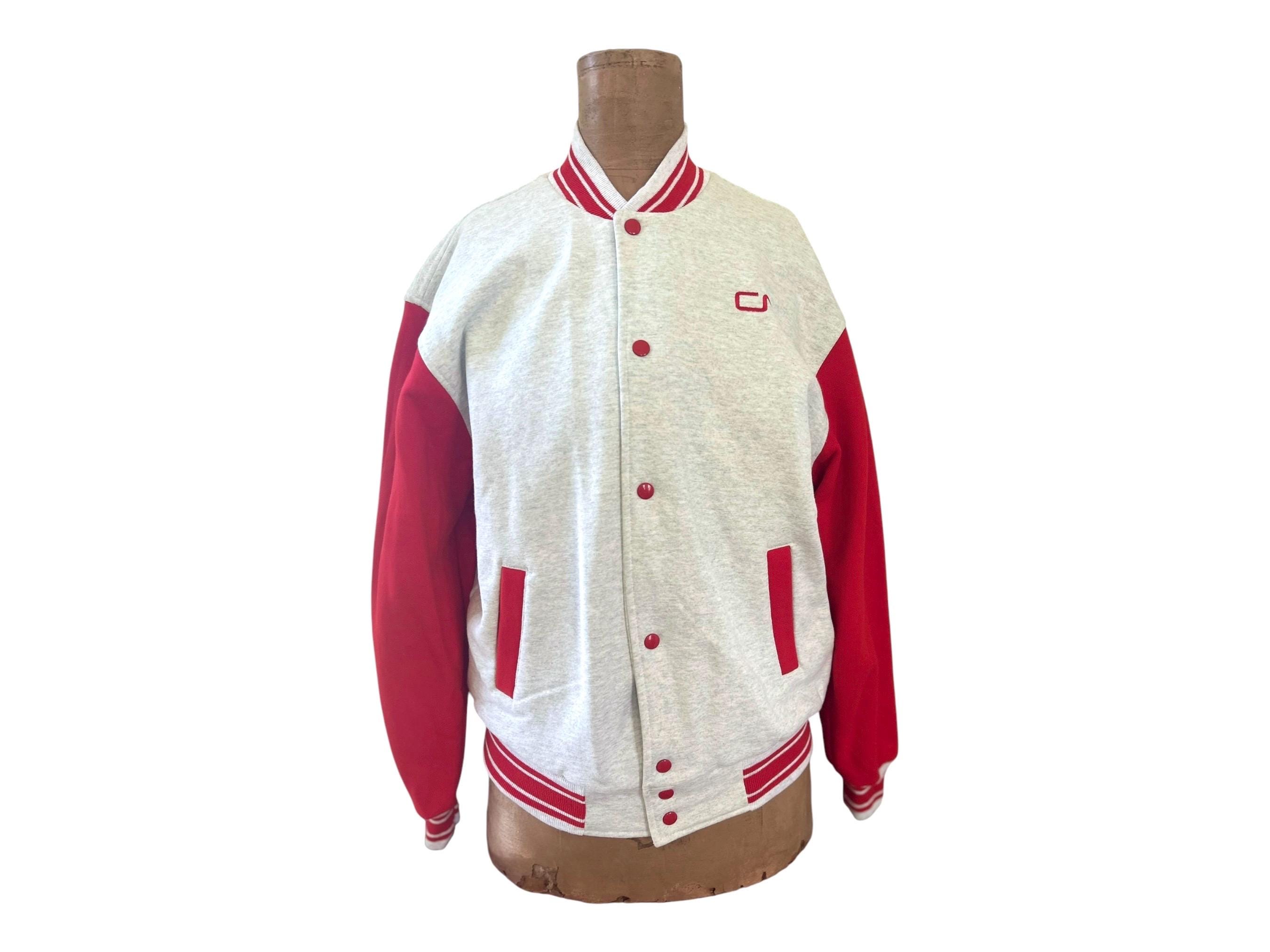 90s Varsity Jacket. Gray and Red, Snap Front. Fully Lined. Vintage