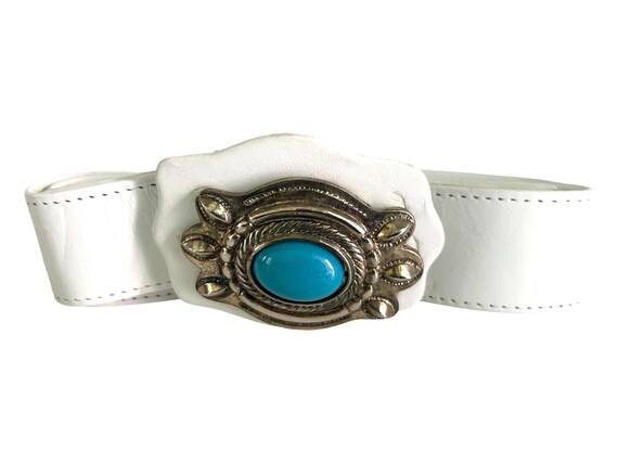 White Leather Belt. Turquoise Buckle. Womens Vint… - image 1