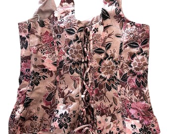 バンドリーノ コルセット トップ。ヴィンテージ ノースリーブ タイバック。レディース サイズ: M。ピンクの花柄。