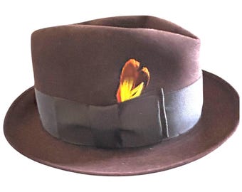 Sombrero fedora Stetson vintage de fieltro de castor: Sombrero de plumas marrones, talla 6 7/8