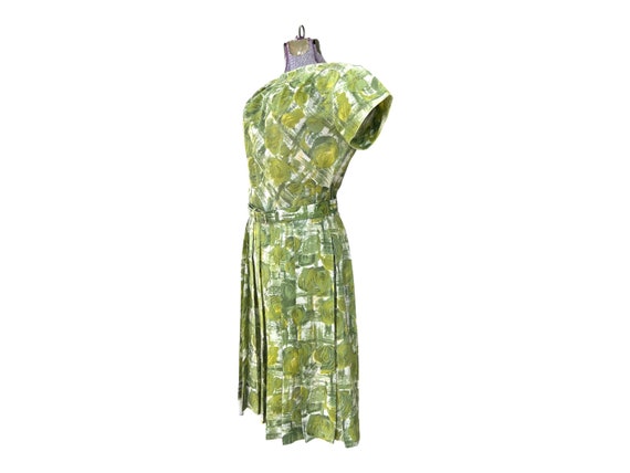 Abstract 60s Belted Dress. Green Short Sleeve, Pl… - image 3