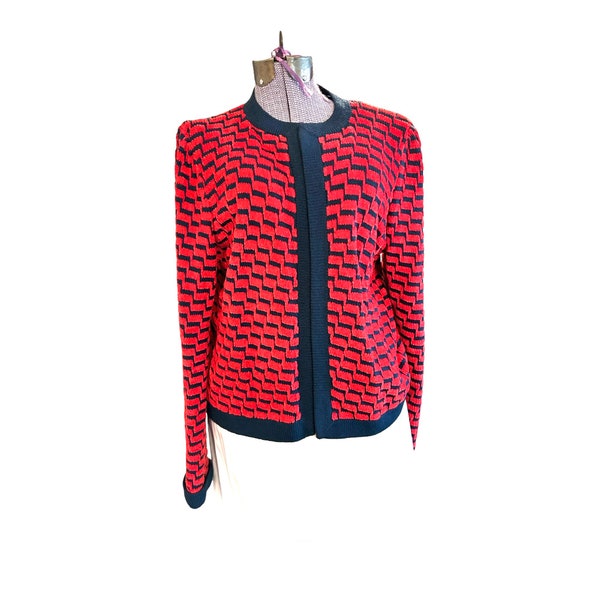 St. John Cardigan 80s  Red and Blue Chevron and Chenille.