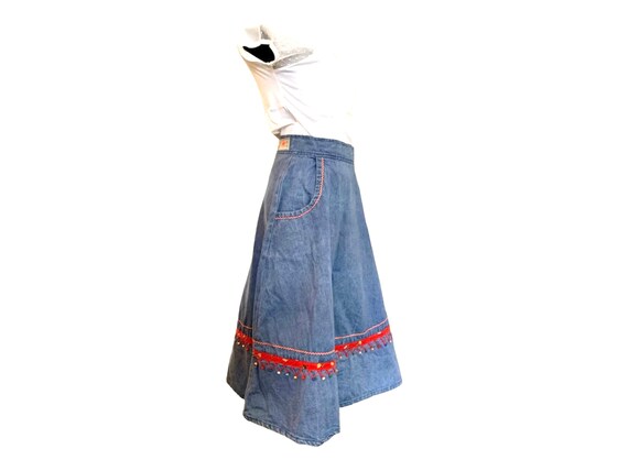 Jump Denim Skirt. London. 1970s. A Line Beaded Tr… - image 2