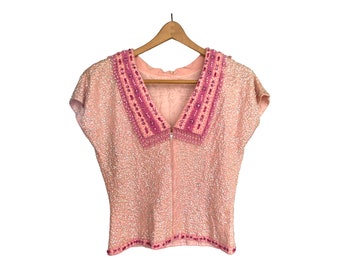 1950s Perlen Strass Top: Vintage Rosa Pailletten Bluse, Grösse S