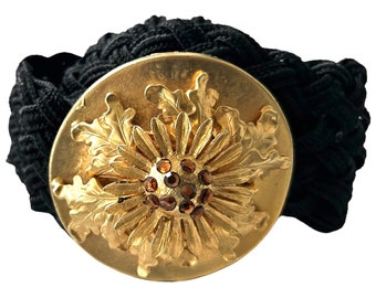 Gold Medallion Belt. Black Weaved with Hook Closure. Vintage Womens