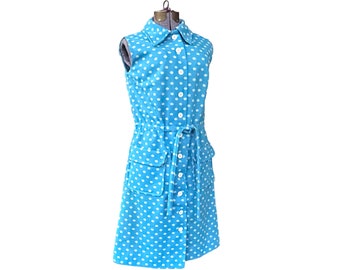 60s Blue Polka Dot Dress. Vintage Button Down With Drawstring Waist. Deep Pockets. Womens M