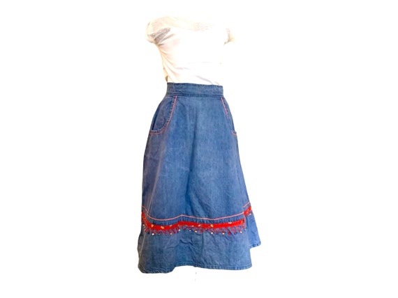 Jump Denim Skirt. London. 1970s. A Line Beaded Tr… - image 1