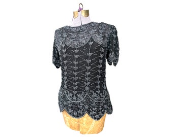 Blusa de seda con cuentas de Adrianna Papall. Vestido de noche vintage. Camisola adjunta. Talla S para mujer.