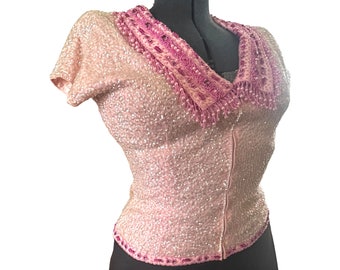 Pink Beaded Sequin Top. 1950s Vintage. Rhinestone Accents. Womens Size Small. Beautiful!