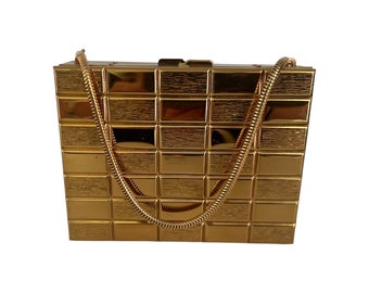Gold Block Compact Make Up Purse. Rope Chain. 1950s.