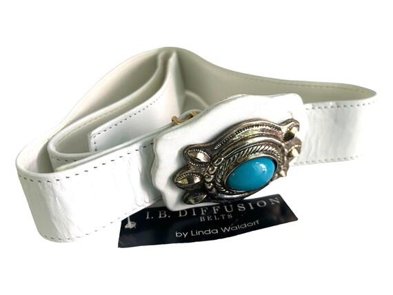 White Leather Belt. Turquoise Buckle. Womens Vint… - image 2