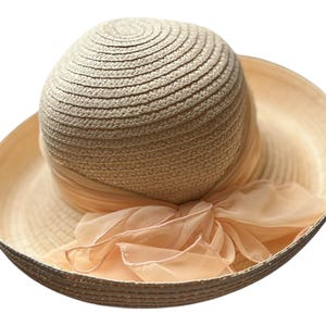 Capelli Peach Straw Sun Hat. Womens Vintage Silk Bow with Wide Brim.