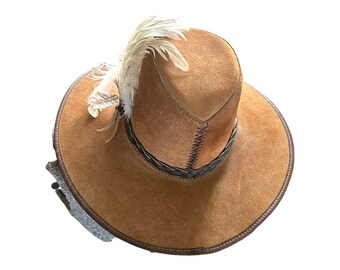 Plainsman Hat. 1960s Leather Braided Band with Feathers. Vintage. Size Medium.