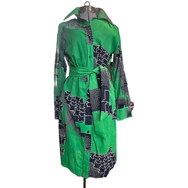 Lanvin Paris 1970s Vintage Dress. Green Abdtract Cotton Vintage. Size 14.