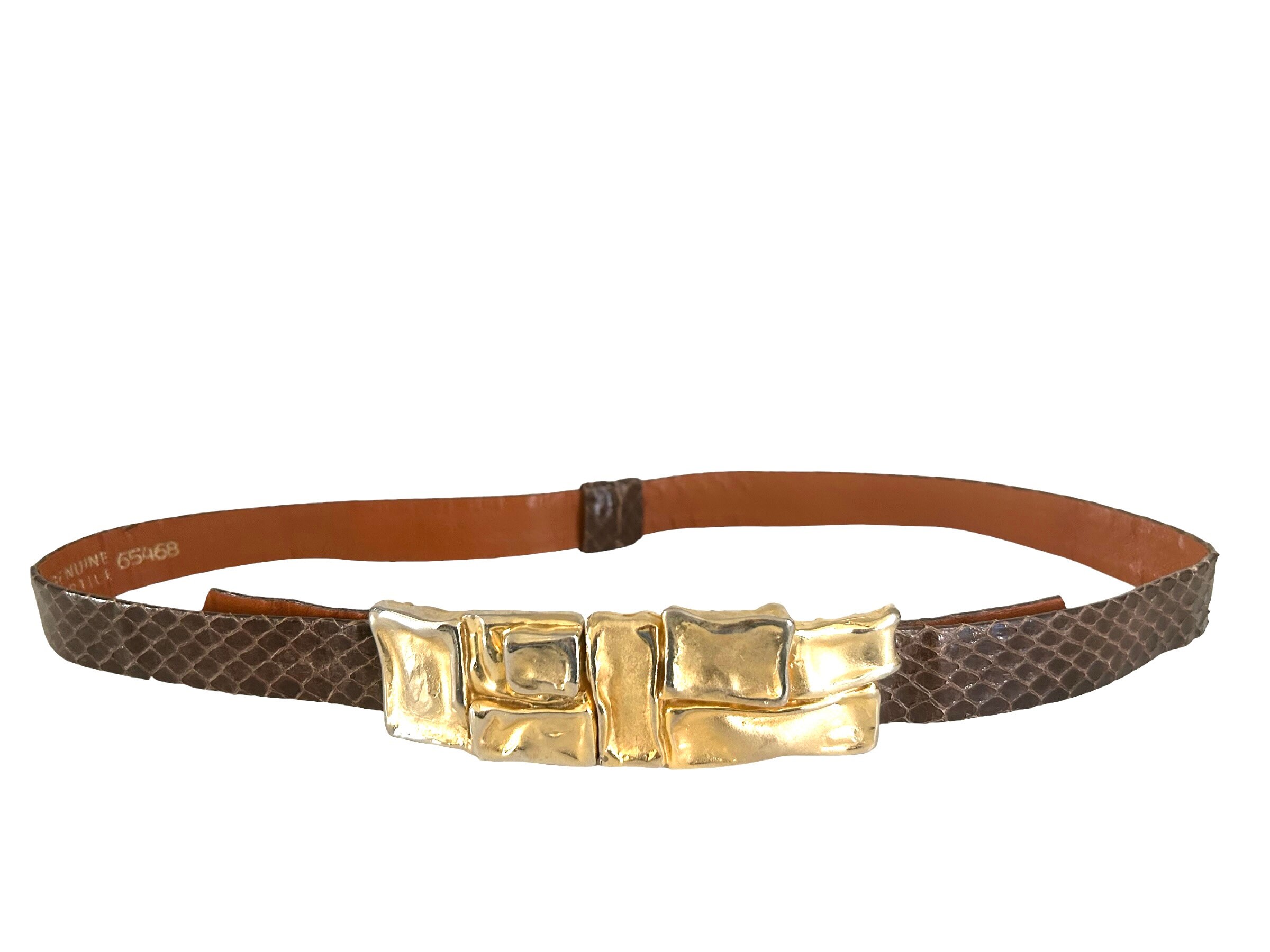 Morris Moskowitz Belt Women\'s Medium Brown Embossed Leather Gold Square Buckle Vintage Snakeskin Belt: Gold Brass Hook, Morris Moskowitz  main image 4