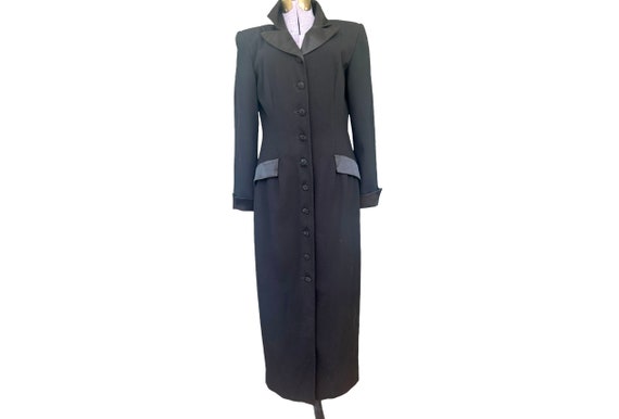 double breasted satin trimmed maxi coat dress Women's Black Long Coat Formal Dress, Elegant Double Breasted Coat for Office and Events 36