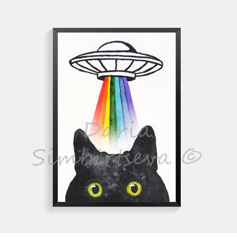 Funny Peeking black cat art Black cat PRINT Poster Wall art Wall decor Watercolor painting Extra large wall art Cat dad mom Cat lover gift